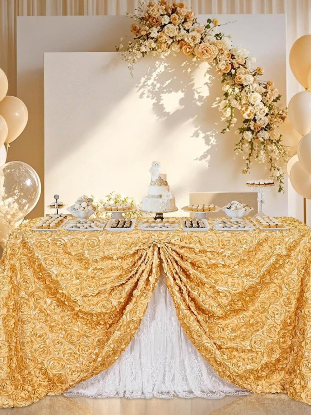 Light Gold Rosette Tablecloth 60 x102 Inch Floral Wedding Table Overlay